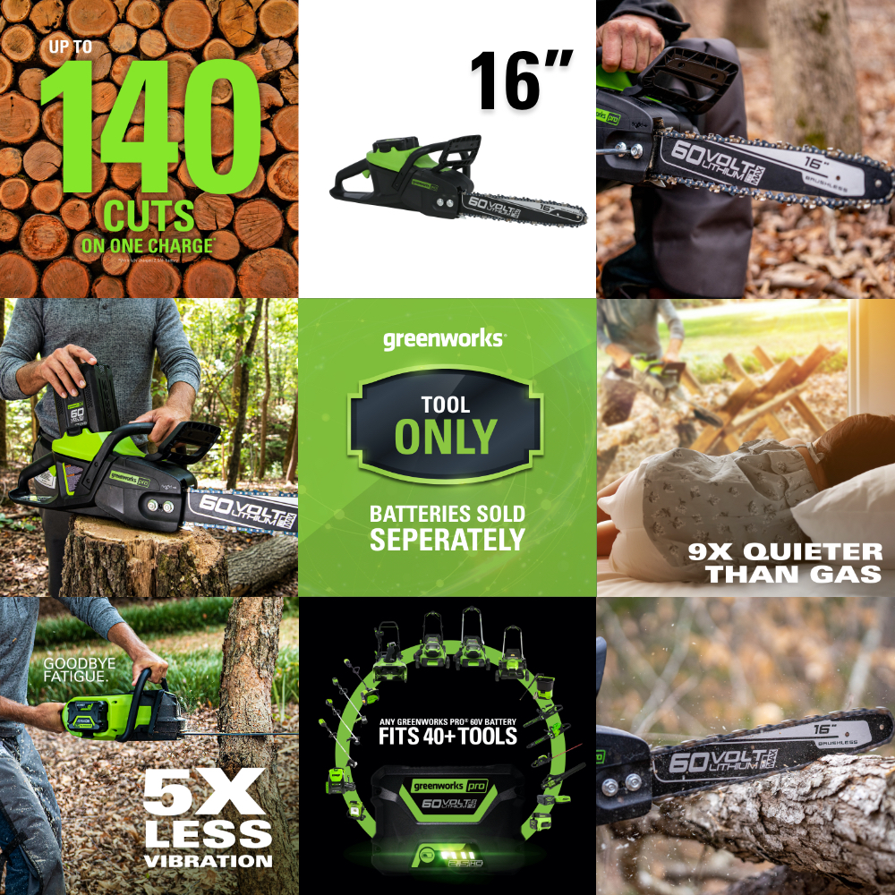Greenworks PRO 16 in. 60Volt Battery Cordless Chainsaw, Battery Not Included CS60L02CS60L02